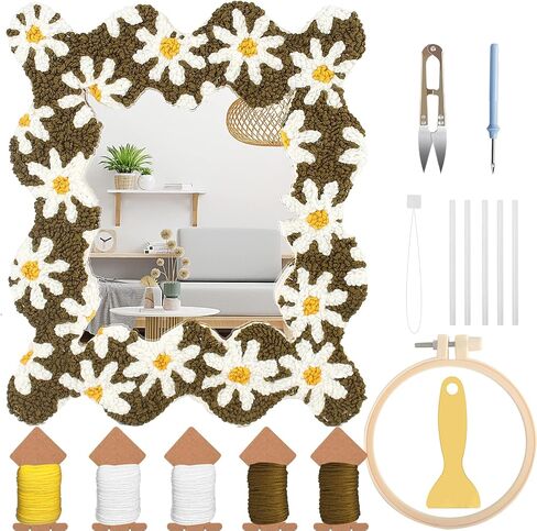 Tkifoda Punch Needle Mirror Kit,Needle Kit for Adults Beginners with Adhesive Felt Yarns Embroidery Hoop Instruction DIY Needle Punch Craft for Christmas Birthday Gifts in Saudi Arabia