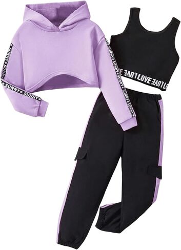 MakeMeChic Girl's 3 Piece Outfits Letter Print Hooded Crop Top and Pocket Jogger Pants Set with Tank in Saudi Arabia
