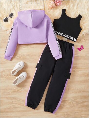 MakeMeChic Girl's 3 Piece Outfits Letter Print Hooded Crop Top and Pocket Jogger Pants Set with Tank in Saudi Arabia
