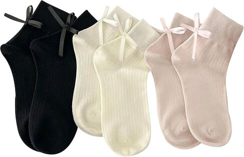 Women Socks Bow Crew Socks Cotton Sweet Lolita Dress Breathable Soft Girls Socks 3 Pairs in Saudi Arabia