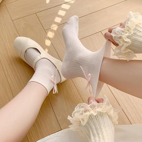 Women Socks Bow Crew Socks Cotton Sweet Lolita Dress Breathable Soft Girls Socks 3 Pairs in Saudi Arabia