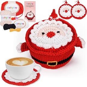 WaldyWop Christmas Crochet Kit for Beginners: Crochet Starter Kit for Adults&Kids/Step-by-Step Video, Easy Crochet Tube Yarns, Accessories, Santa 3 Coasters + 1 Cup Sleeve Gift Set (40%+Yarn)
