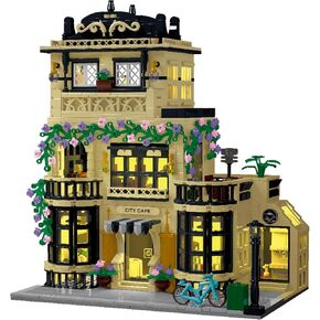City Cafe Building Block Set with LED Light, 1443 PCS Modular Architecture Three Story City Cafe Building Blocks Toys Cafe Construction Model for Kids, Teens and Adults