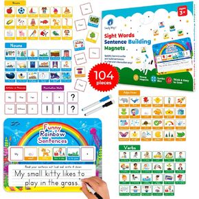 104 PCS Sentence Building for Kids, Sentence Building Magnets Kit, Learn to Read, Speech Speak Spell Games, Kids Vocabulary Builder, Sentence Building Games, Sight Word Magnets Games - Simply Magic