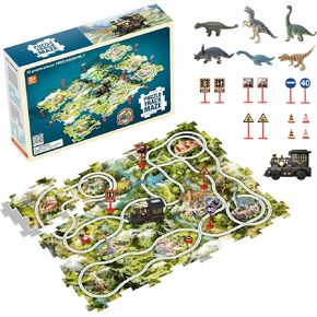 Puzzle Track Car Play Set with 6PCS Dinosaur Figures Railcar Floor Puzzle for Kids Ages 3-5 Race Tracks Montessori Toys for Toddlers Birthday Gift for Boys 3 4 5 6 Years Old