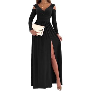 Women Long Sleeve Slit Maxi Long Dresses Deep V Neck Cold Shoulder Dress for Women Fall Winter Cocktail Evening Date