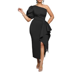Cololura Women's Sexy Elegant One Shoulder Lantern Sleeve Slit Ruched Maxi Dress Bodycon Formal Cocktail Party Gown