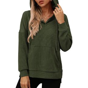 LILBETTER Womens Long Sleeve Pullover Hoodies Drawstring Sweatshirt Fall Knit Ribbed Tops with Pocket