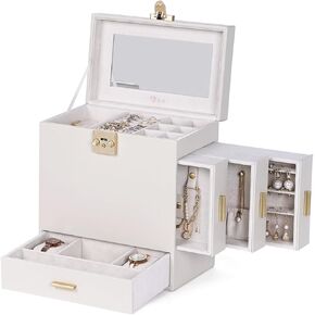 Jewelry Box with Mirror, 5-Layer Jewelry Organizer with 3 Side Drawers, Jewelry Storage, with Handle Design, Large Capacity, Modern Style, Gift for Loved Ones