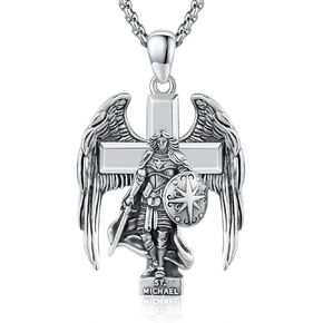 Large Saint Michael Necklace 925 Sterling Silver Archangel Michael Cross Pendant Necklace,Big St Michael Amulet Jewelry for Men with 22 in Chain