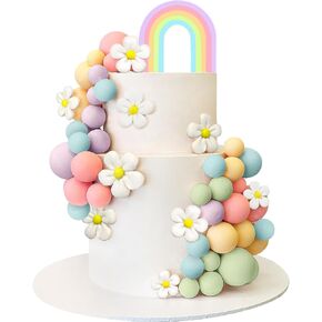46 PCS Acrylic Rainbow Cake Toppers Colorful Balls Cake Decorations Boho Cake Toppers Daisy Flower Cake Toppers for Wedding Baby Shower Birthday Party Supplies