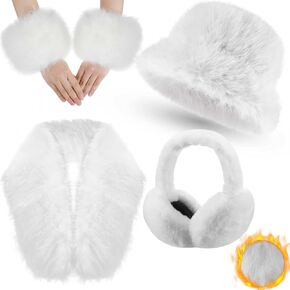 Winter Faux Fur Collar Scarf Wrap Winter Fuzzy Bucket Hat Ear Muffs Foldable Faux Fur Wrist Cuffs Set for Women