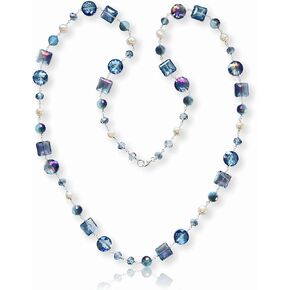 Hand Beaded Wire Wrapped Multi-shape Crystal & Cultured Freshwater Pearl Long Station Necklace or Multi-strand Necklace, 37-39" Inches Long