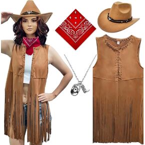 ATAMET Western Cowgirl Outfits for Women Cowgirl Fringe Vest Cowboy Hat Necklace Bandana,70s Hippie Costume for Halloween