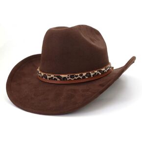 قبعة رعاة البقر الكلاسيكية من جلد الغزال للكبار واسعة حافة قبعة راعية البقر الغربية قبعة فيدورا للنساء مع شريط قبعة بطبعة الفهد in Kuwait