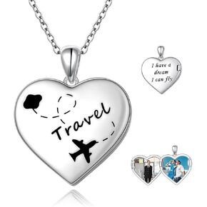 Airplane Locket Necklace That Hold Picture 925 Sterling Silver Heart Photo Locket Pendant For Women Stewardess Flight Attendants Pilots Airplane Jewelry Gifts