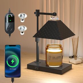 Candle Warmer Lamp - Black Electric Candle Lamp Warmer with Timer 1/2/3/6H, 2 Bulbs, Perfect Home Bedroom Decor Dimmable Wax Melt Warmer with USB Charging Ports for Scented Wax(Black)
