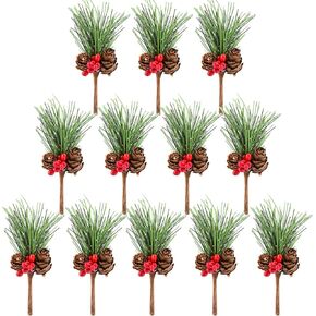 TUPARKA 12 PCS Artificial Pine Cone Picks Decor Holly Berry Stems Picks for Christmas Flower Arrangements Wreaths Decorations and Holiday Crafts and Floral Projects Decorations