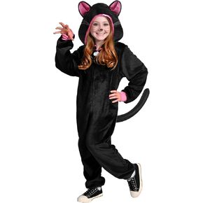 Spooktacular Creations Halloween Kids Cat Pajama, Child Black Zip-Up Hooded Jumpsuit Sleepwear for Halloween Cosplay Costume