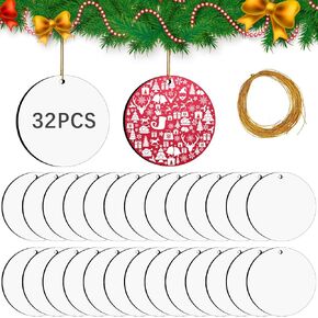64 Pcs Round Sublimation Ornament Blanks, MDF Double Sided Sublimation Christmas Ornaments Blanks for Christmas Tree Decorations Blank Ornaments Decor, Sublimation Blanks Ornaments DIY Crafts