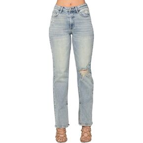 Judy Blue Women's High-Waist Destroyed Straight-Leg Jeans with Inseam Slit