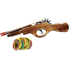 Wood Rubber Band Gun with Orange Safety Tip Wooden Toy Easy Load Outdoor Toy Gun with 100 Rubber Bands 12 Inches Length