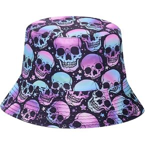 Skull Print Bucket Hat Halloween Pattern Fisherman Cap Reversible Packable Sun Hats for Women, Men