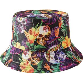 Skull Print Bucket Hat Halloween Pattern Fisherman Cap Reversible Packable Sun Hats for Women, Men