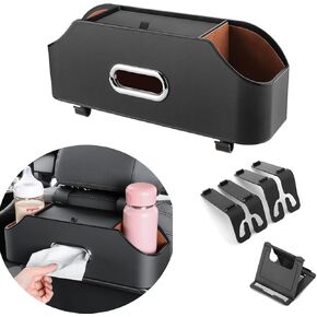Car Back Seat Organizer with 2 Drink Cup Holder and Tissue Box, Headrest Hanging Storage Box with Hooks and Phone Holder, Multi-functional Storage for Kids and Travel. (Black)