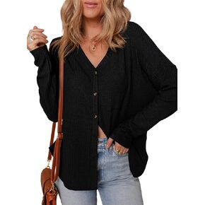 Dokotoo Women's Casual V Neck Waffle Knit Button Down Long Sleeve Shirts Loose Tops