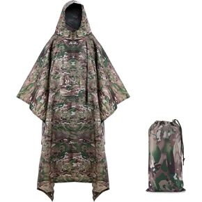 PELLOR Hooded Military Rain Poncho for Adults with Pocket, Waterproof Lightweight and Extra Long, Unisex Raincoat for Hiking Riding, Camping Emergency, Outdoor Rain Cover Reusable
