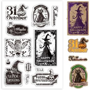 PH PandaHall Happy Halloween Clear Stamps, Witch Trick or Treat Clear Stamps Rubber Stamps Cat Transparent Silicone Stamp Paper Craft Stamp for Journal Album Card DIY Crafts Making Scrapbooking Decor in Kuwait