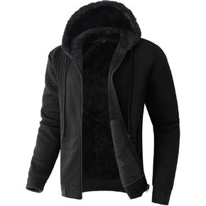 Flygo Mens Fleece Hoodie Jacket Jacquard PlaidCloth Zipper Sherpa Lined Sweatshirt Jackets Winter Warm Coat