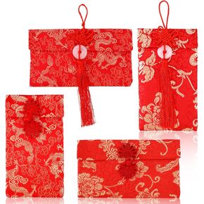 4 Pcs Silk Red Envelope Dragon and Phoenix Embroidered Chinese Lucky Money Pockets Dragon and Phoenix Embroidered Chinese Red Pocket Money Envelopes for Cash Gifts Fancy Envelopes with Chinese Knot