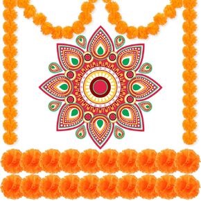 23 Pcs Diwali Decoration for Home Diwali Rangoli Stickers for Floor 2 Pcs 5 Ft Marigold Garland for Diwali Decoration with 20 Pcs Marigold Flowers for Indian Diwali Gifts Wedding(Classic)