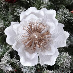 Ivydale 10PCS Artificial Velvet White Magnolia Stems Floral Picks, Christmas Glitter Flowers Poinsettia Ornaments for Xmas Tree New Year Party Home Wedding Office Wreath Decor