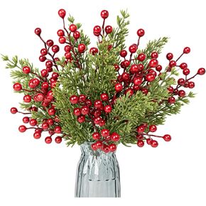 30 PCs Christmas Tree Branches Classic Christmas Picks 9.5 Inches Pine Needle Branches 6.5 Inches Red Holly Berry Stems for Winter Craft Wrapping Wreath Tree Garland Vase Floral Arrangements