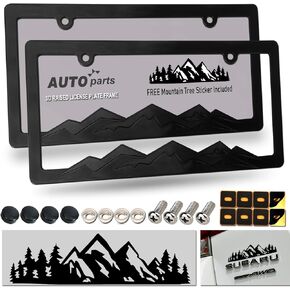 Mountain License Plate Frames- Plastic Black Car Tag Holder Bracket with Screws Caps, Blackout 2 Packs 2 Hole, Mountain Vinyl Sticker Included