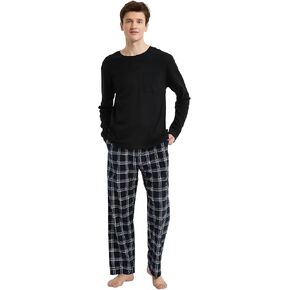 amaxer Men's Pajama Set 100% Cotton Flannel Plaid Pants Crew Neck Top Long Sleeves Pjs Elastic High Waist Sleepwear in Saudi Arabia