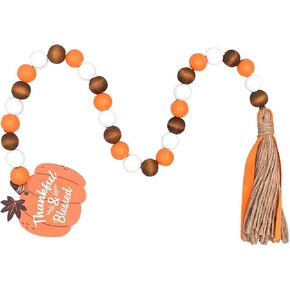 Fall Decorations Harvest Wood Bead Garland with Tassel - Home Tiered Tray Decor with Jute Rope Plaid Tassel, Rustic Fall Room Décor for Wall Mantle Shelf Oranges Decor Thanksgiving Beads, Check Beads in Kuwait