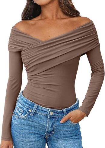 Trendy Queen Women Off The Shoulder Tops Going Out Long Sleeve Shirts Sexy Cute Y2K Basic Tee Clothes Fall Fashion in Saudi Arabia