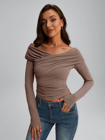 Trendy Queen Women Off The Shoulder Tops Going Out Long Sleeve Shirts Sexy Cute Y2K Basic Tee Clothes Fall Fashion in Saudi Arabia