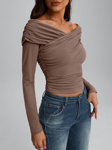 Trendy Queen Women Off The Shoulder Tops Going Out Long Sleeve Shirts Sexy Cute Y2K Basic Tee Clothes Fall Fashion in Saudi Arabia