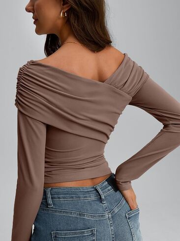 Trendy Queen Women Off The Shoulder Tops Going Out Long Sleeve Shirts Sexy Cute Y2K Basic Tee Clothes Fall Fashion in Saudi Arabia