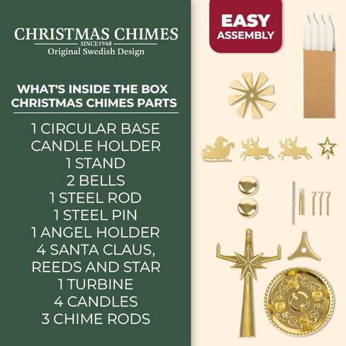 Angel Chimes The Original & Traditional Decorative Swedish Candle for Christmas, Brass - Chimes Carousel, Authentic, Scandinavian, Decoration & Ornament for Home and Kitchen (+4 Candles) in Kuwait