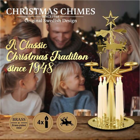 Angel Chimes The Original & Traditional Decorative Swedish Candle for Christmas, Brass - Chimes Carousel, Authentic, Scandinavian, Decoration & Ornament for Home and Kitchen (+4 Candles) in Kuwait