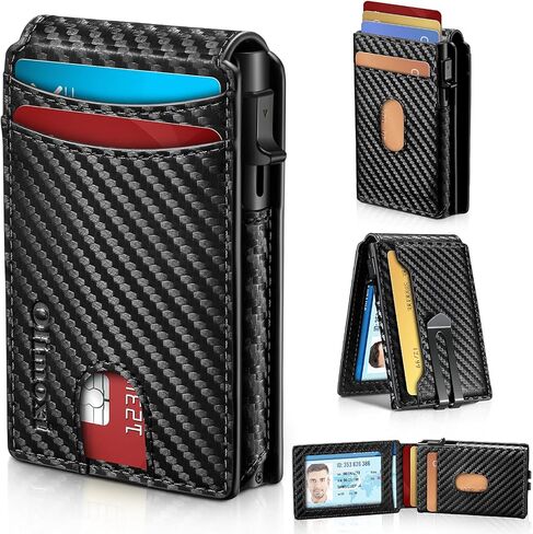 Wallet for Men, Slim Mens Wallet with Money Clip, Pop Up Card Case, RFID Blocking Bifold Wallets, Minimalist Leather Wallet Credit Card Holder with ID Window(Carbon Fiber) in Saudi Arabia