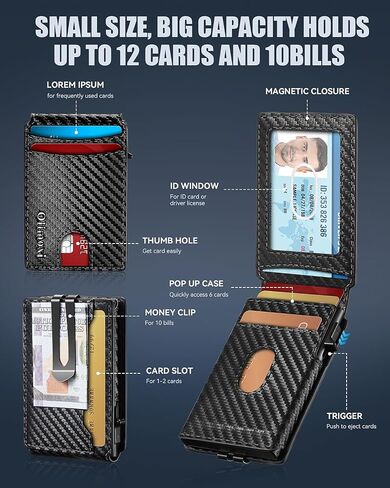 Wallet for Men, Slim Mens Wallet with Money Clip, Pop Up Card Case, RFID Blocking Bifold Wallets, Minimalist Leather Wallet Credit Card Holder with ID Window(Carbon Fiber) in Saudi Arabia