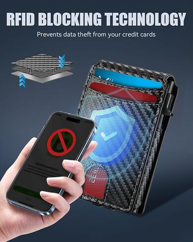 Wallet for Men, Slim Mens Wallet with Money Clip, Pop Up Card Case, RFID Blocking Bifold Wallets, Minimalist Leather Wallet Credit Card Holder with ID Window(Carbon Fiber) in Saudi Arabia