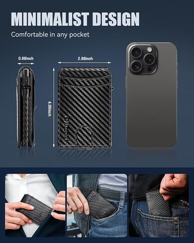 Wallet for Men, Slim Mens Wallet with Money Clip, Pop Up Card Case, RFID Blocking Bifold Wallets, Minimalist Leather Wallet Credit Card Holder with ID Window(Carbon Fiber) in Saudi Arabia